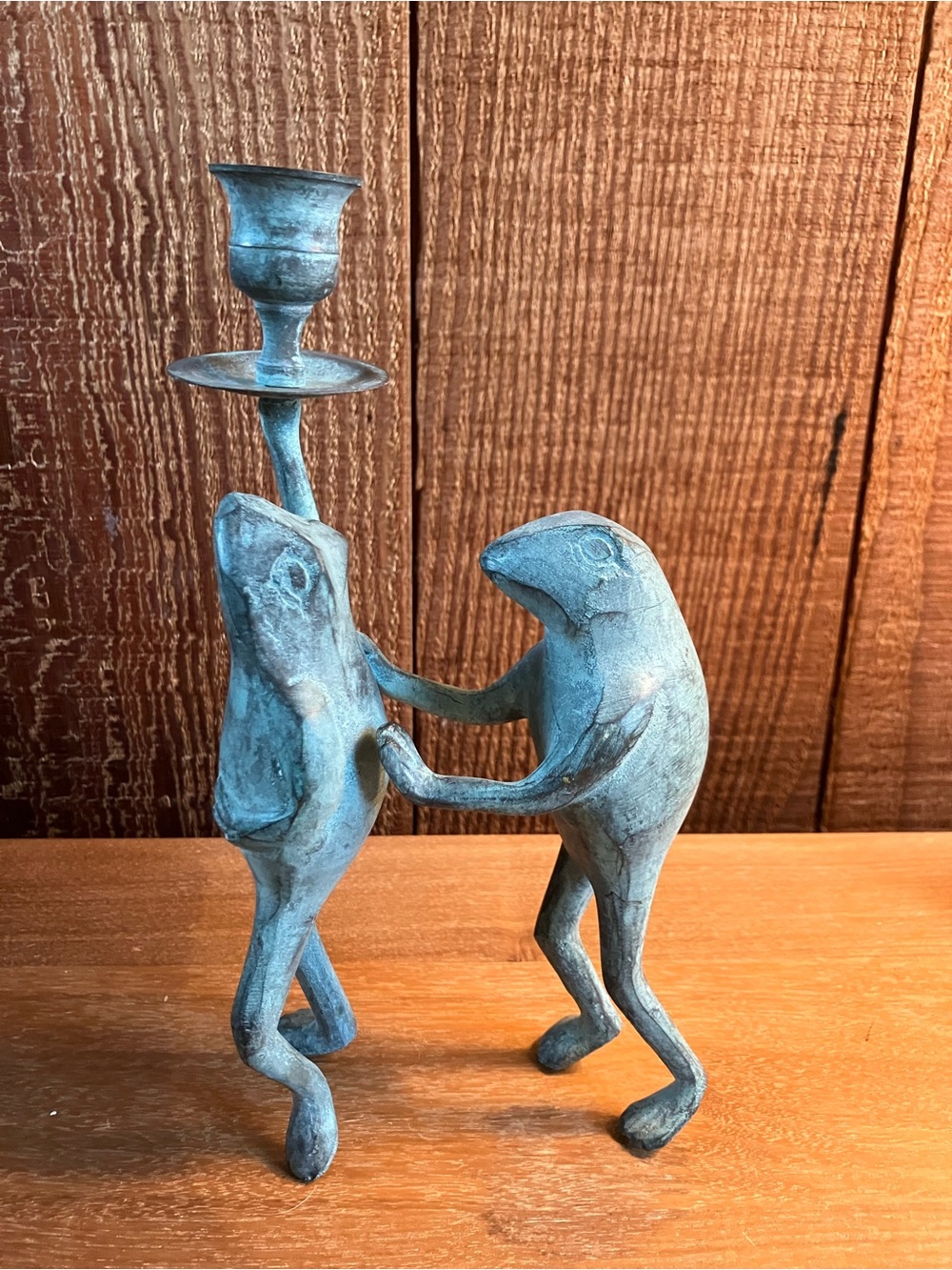 Vintage Bronze Green Patina frogs Candlestick holder - whimsical garden